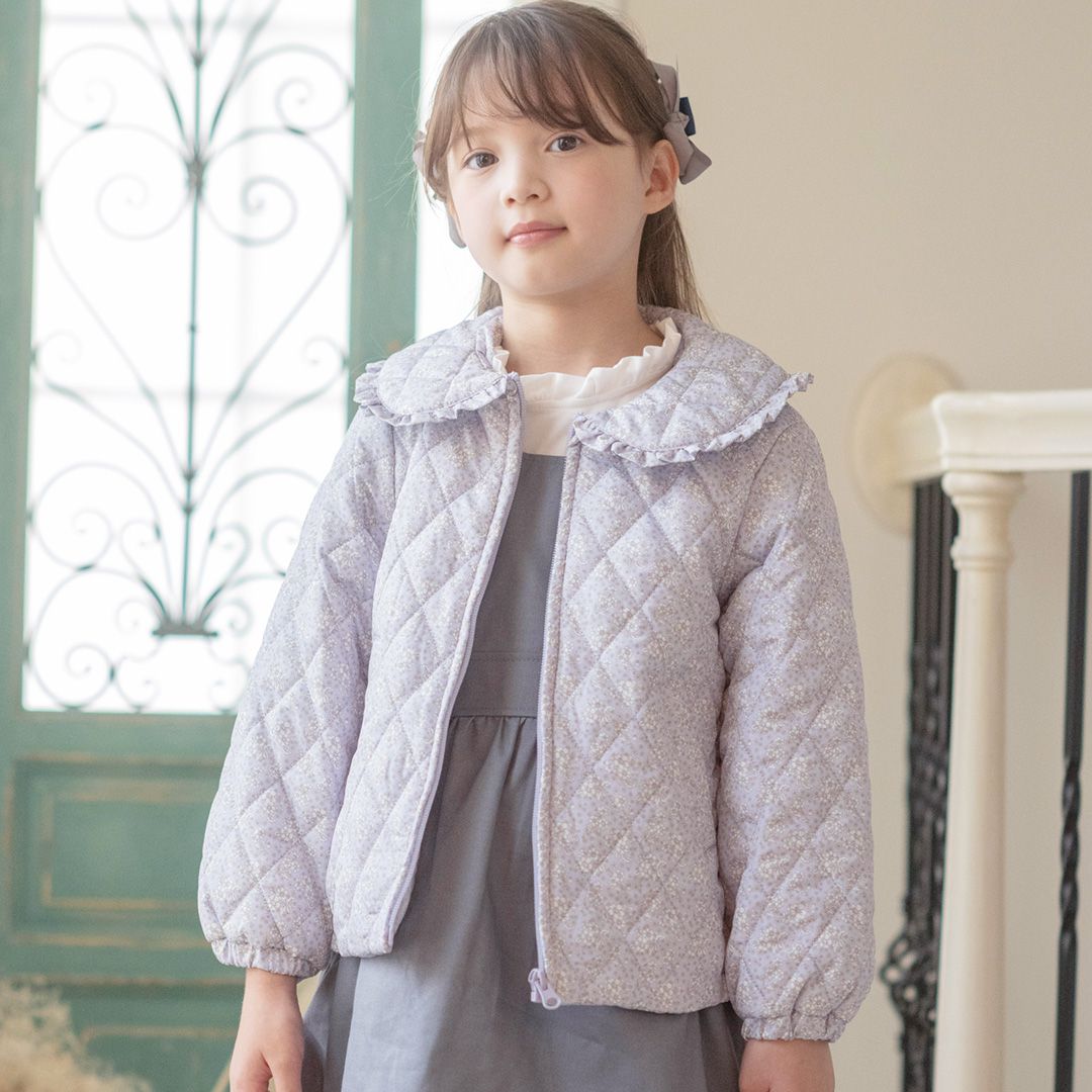 日本 Catherine Cottage - 荷葉領輕量鋪棉絎縫外套-小花-藍紫