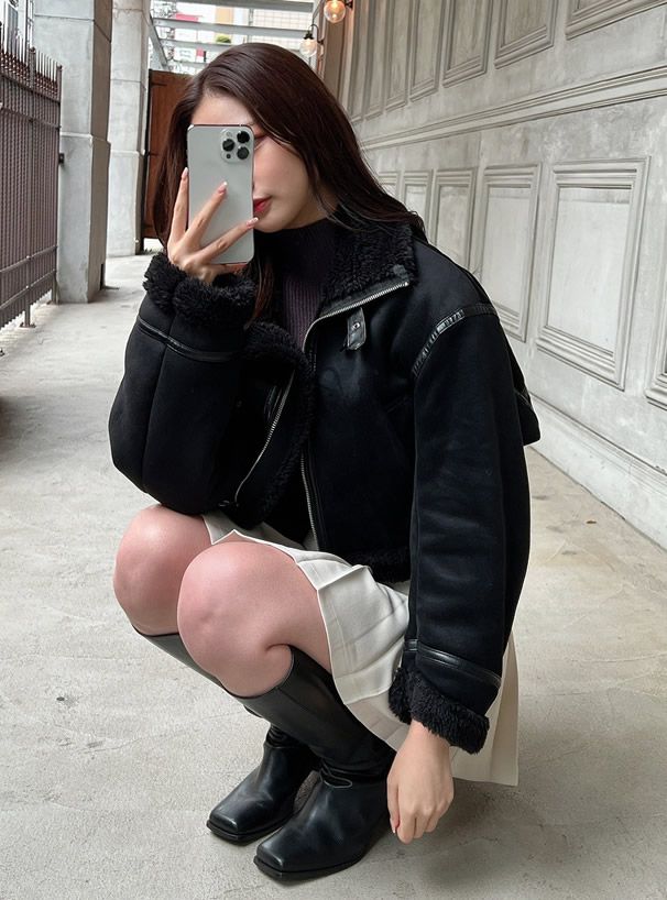 日本 GRL - 羊羔絨翻領短版騎士夾克/外套-粉紫 (F)