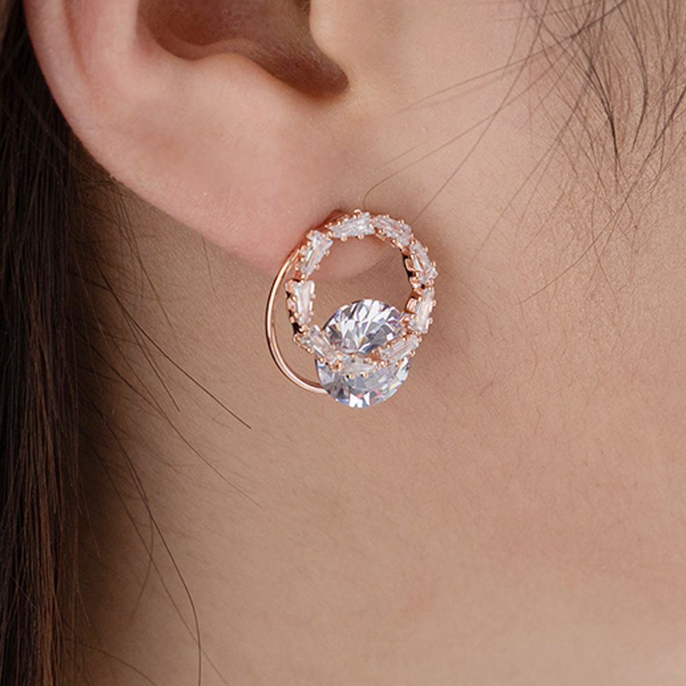 韓國製 - 耳環-水晶圈-圓形/玫瑰金