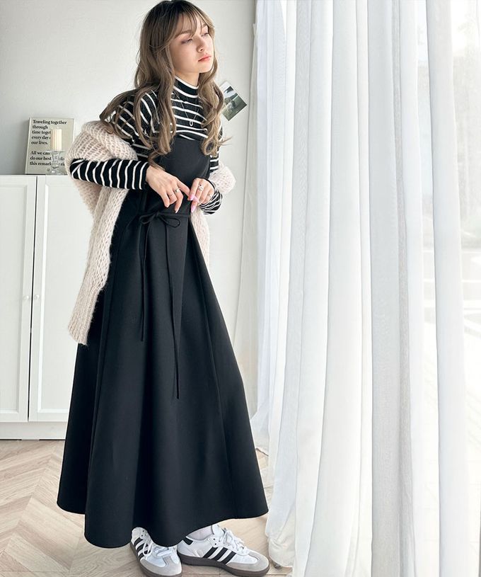 日本 Classical Elf - 秋冬感百搭花呢細肩帶傘狀洋裝-奶茶灰