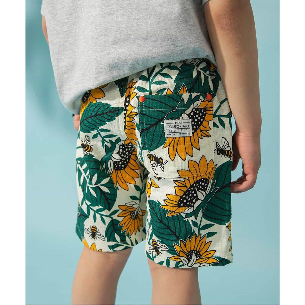 夏日印花斜紋布帥氣短褲-向日葵-綠