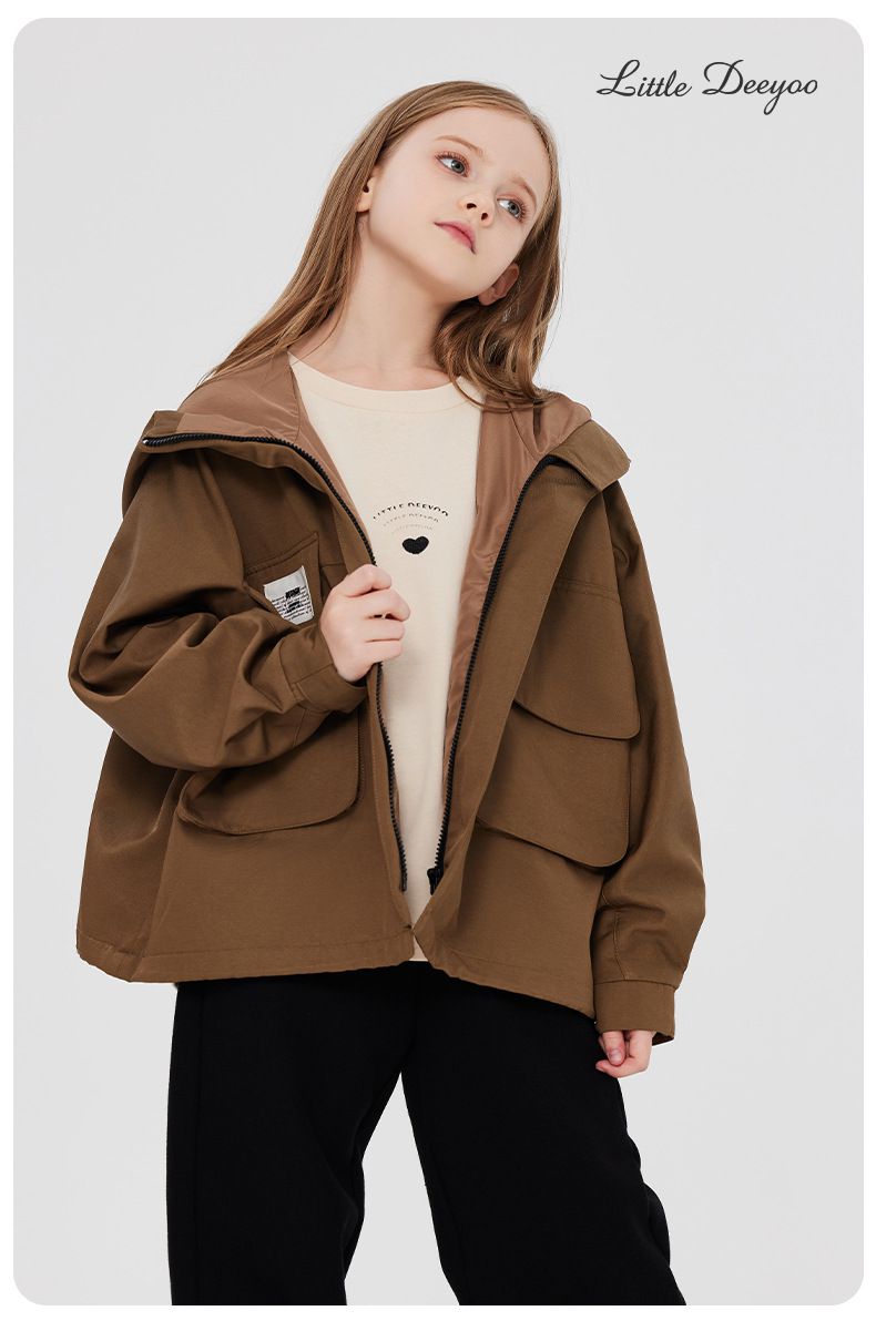 Little Deeyoo - 日系工裝防風連帽風衣外套/衝鋒外套-米白色