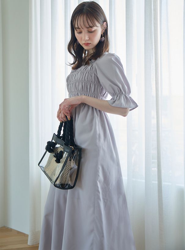 日本 GRL - 法式優雅方領抓皺短袖洋裝-古典黑