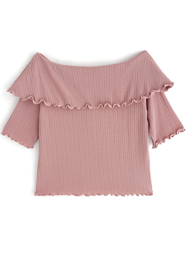 日本 GRL - 木耳捲邊翻領五分袖上衣-黑 (F)