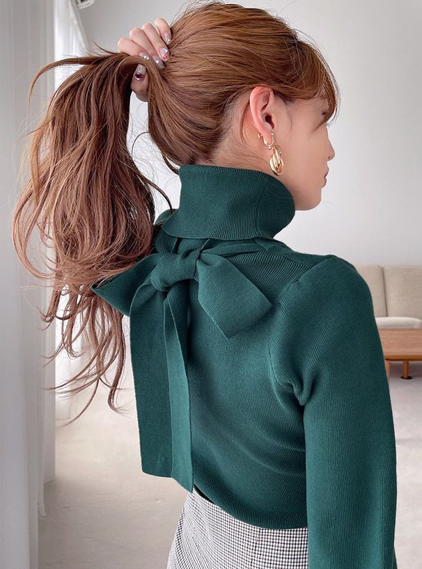 日本 GRL - 後蝴蝶結美型細針織上衣-淺灰藍