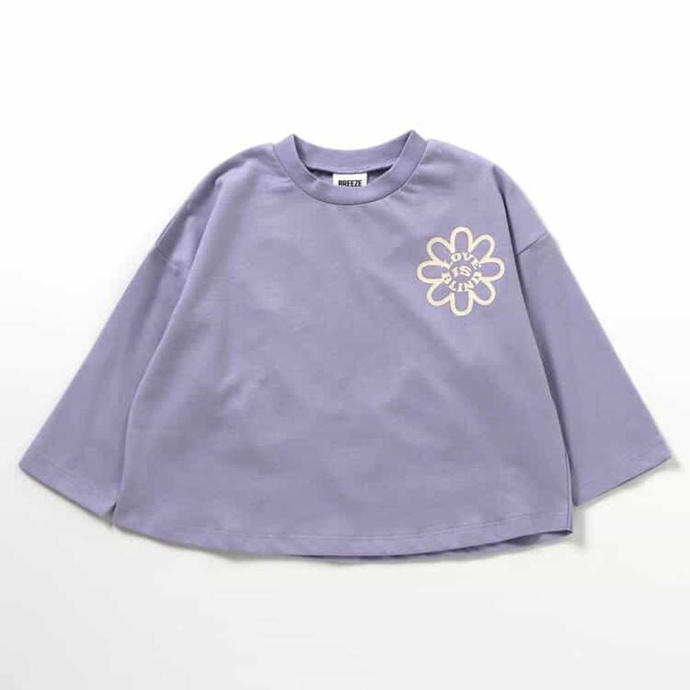 100%棉 可愛女孩印花長袖上衣-花朵-紫