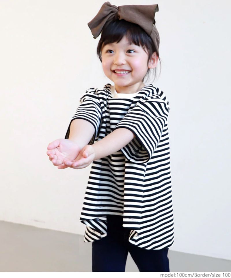 日本 COCA - 落肩細條紋五分袖前短後長寬鬆上衣-小孩-黑白