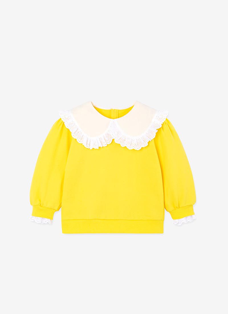 韓國 OZKIZ - 雕花蕾絲荷葉領長袖大學T-黃
