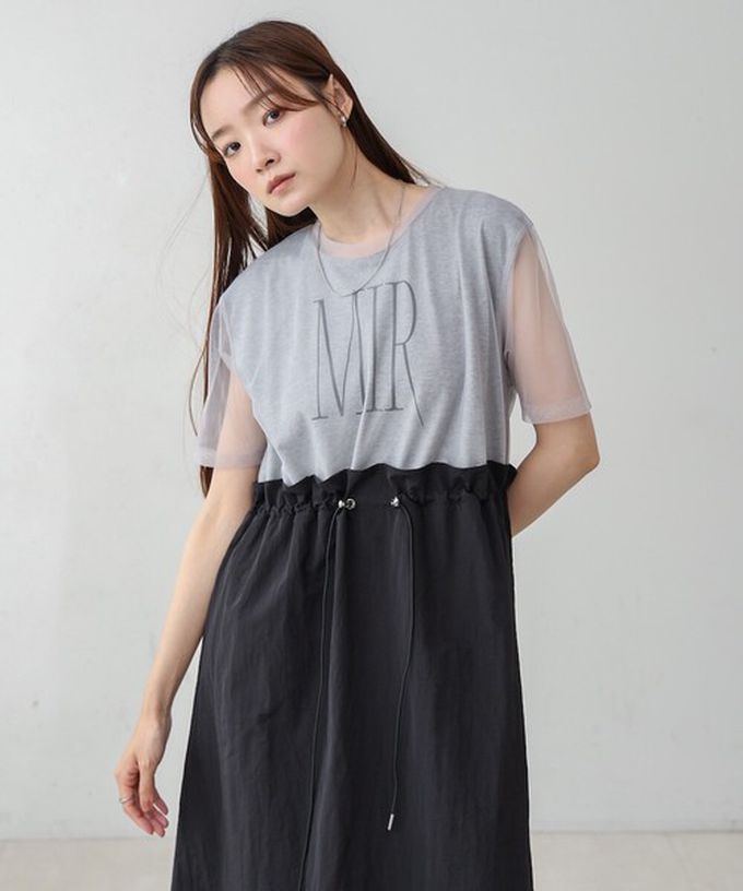 日本 Bab - 拼接層次感抽繩薄紗短袖洋裝-灰x黑