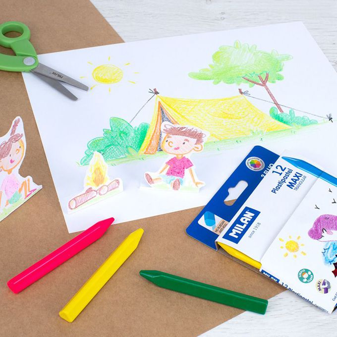 MILAN - 美勞用品組-口袋型無毒粗款蠟筆(12色)+小瓢蟲學童安全可攜式剪刀(含刀柄套)_藍色+兒童專用變色口紅膠_挪威森林_雪怪Yeti
