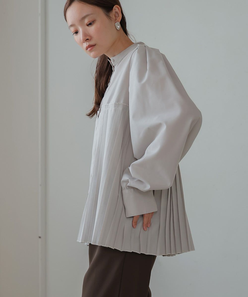 日本 Bab - 歐風百褶拼接泡泡袖襯衫-灰棕