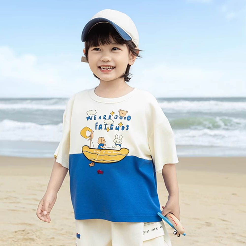 純棉圓領休閒短袖上衣-划船出遊-藍x白