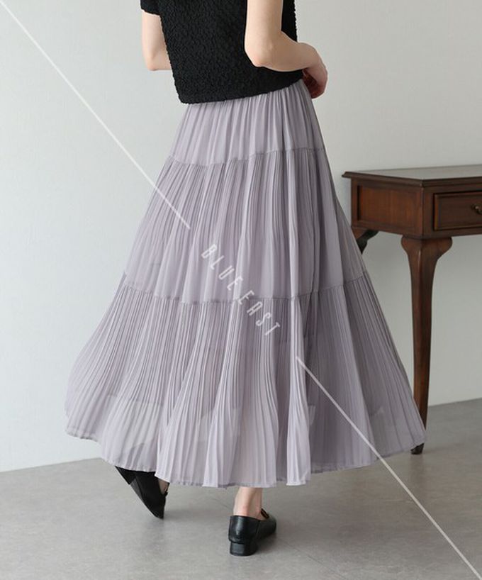 日本 BLUE EAST - 優雅細摺雪紡分層鬆緊長裙-黑 (M)