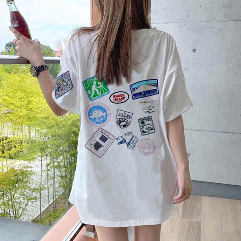 純棉 率性徽章刺繡長版T恤-白 (F)