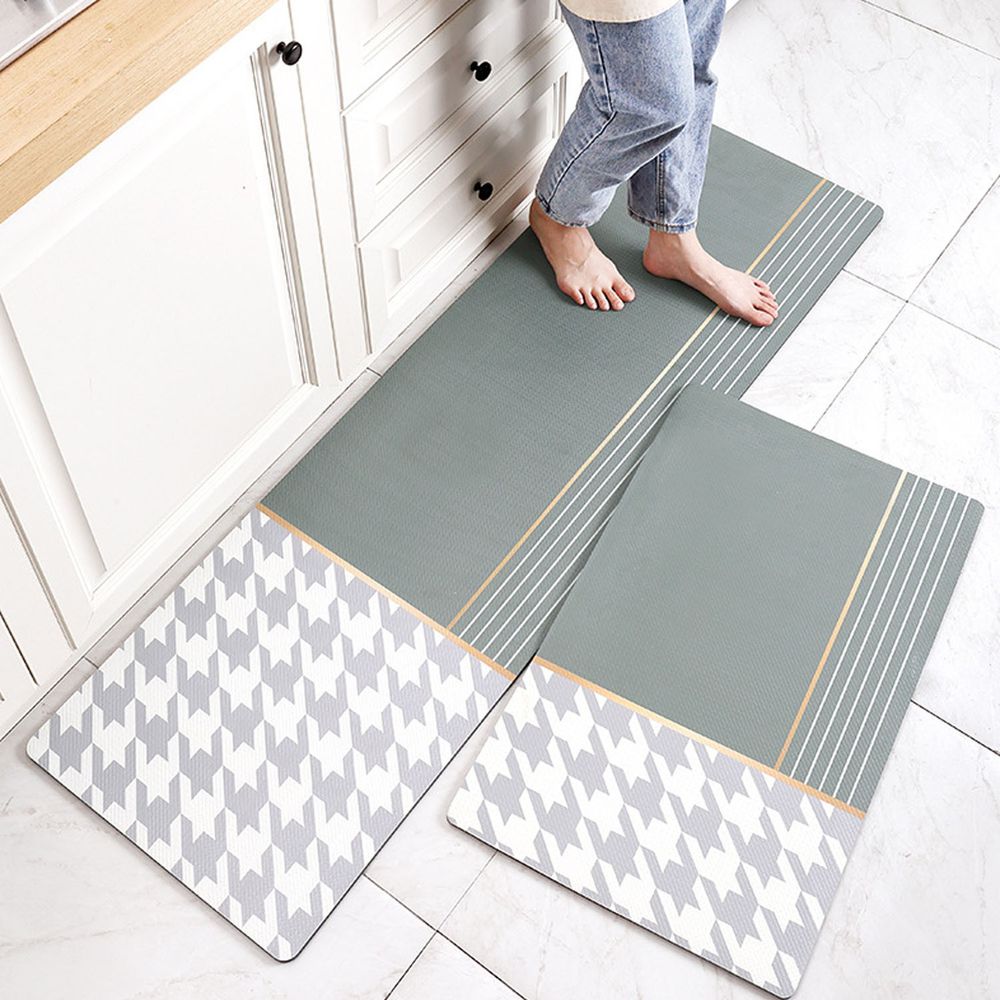 廚房仿皮革PVC防水腳踏墊-千鳥格紋-綠色