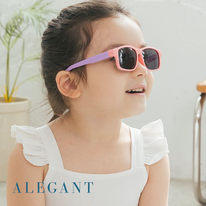 ALEGANT - 繽紛草莓粉紫拚色中性兒童專用輕量方形彈性偏光墨鏡│UV400太陽眼鏡