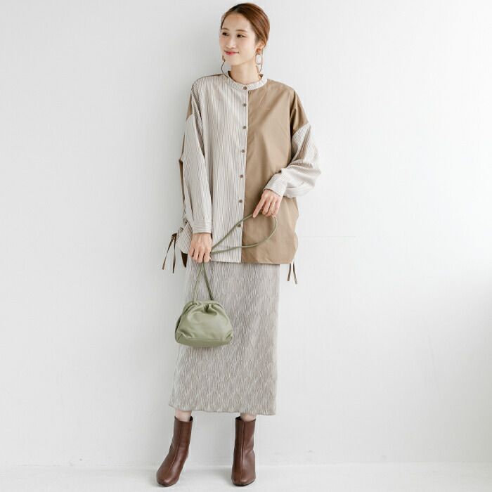 日本 ihuu - 側抽繩條紋撞色長袖襯衫-奶茶