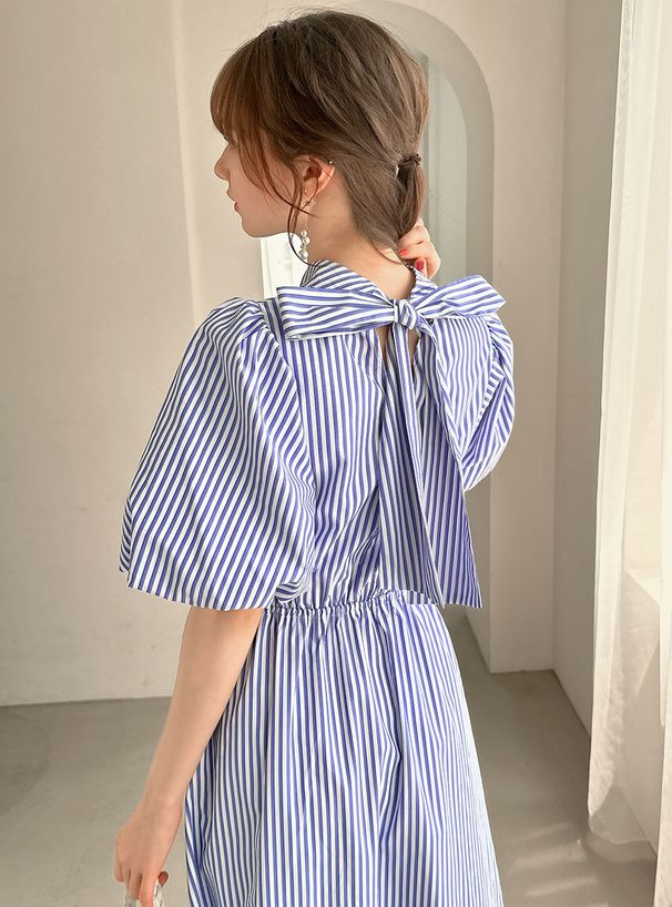 日本 GRL - 文藝浪漫後綁帶泡泡袖洋裝-直條紋-奶茶棕