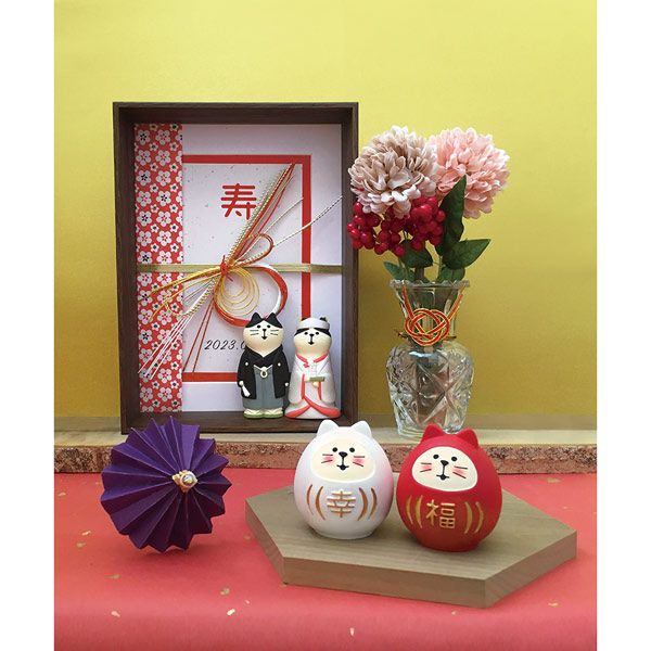 日本 Decole - 幸福的貓達摩(2個一組)-紅+白 (3.8x3.6x4.4cm)