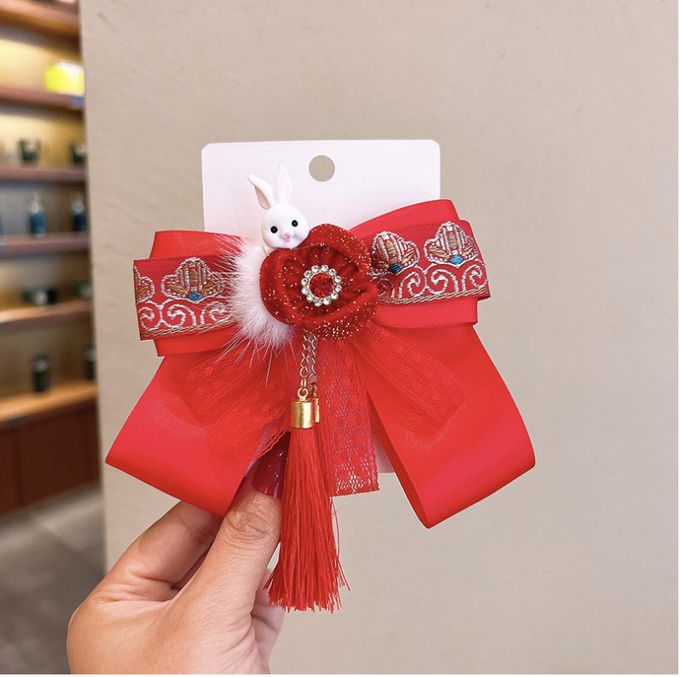 love, charlotte - 立體小兔子水鑽花朵紅色大蝴蝶結髮夾