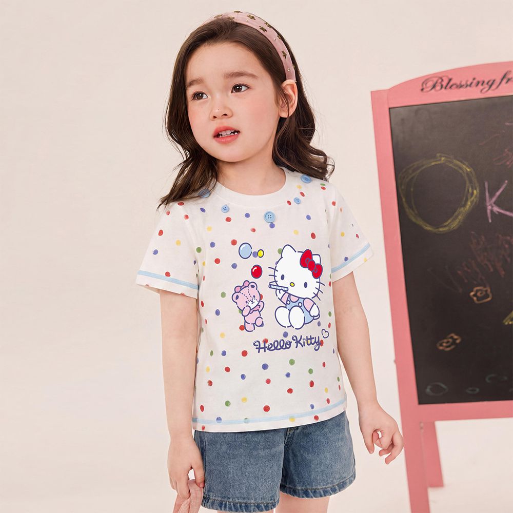彩色波點短袖上衣-卡通人物Hello Kitty-白色