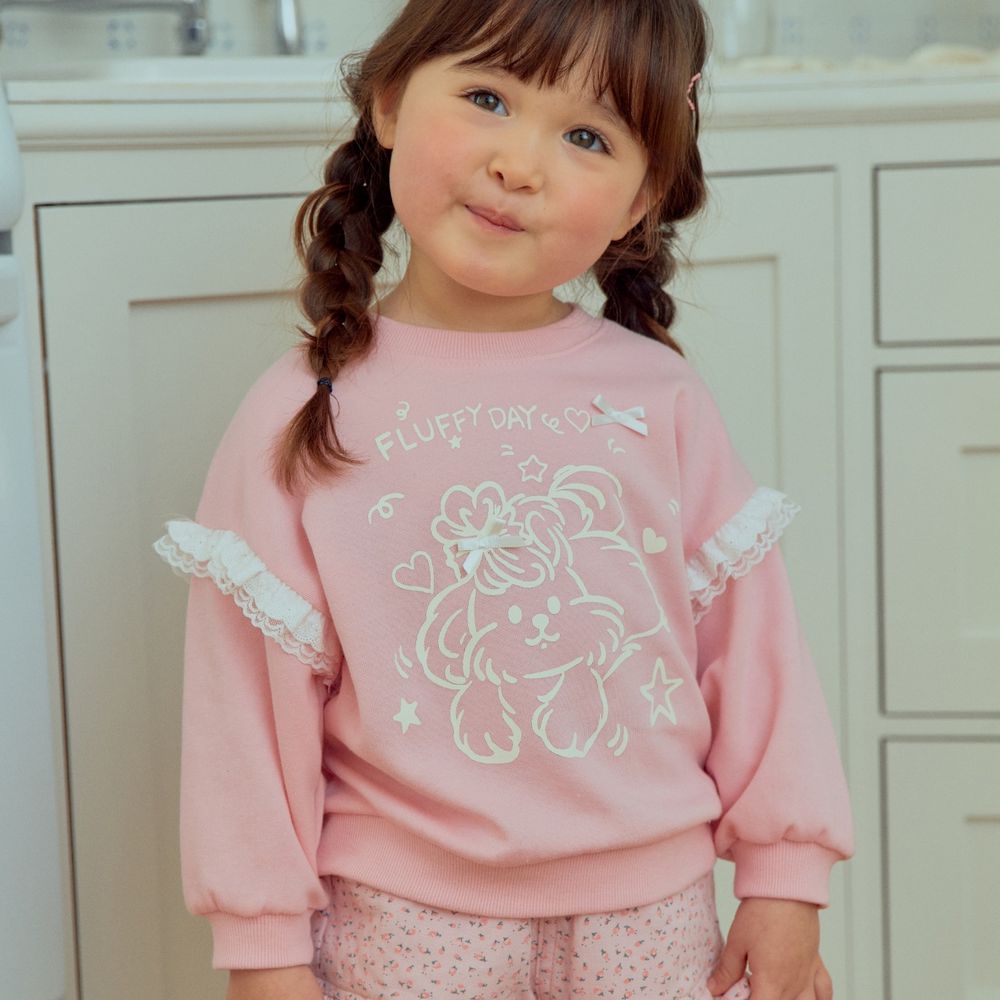 First Blue 狗狗插畫蕾絲點綴長袖大學T-粉