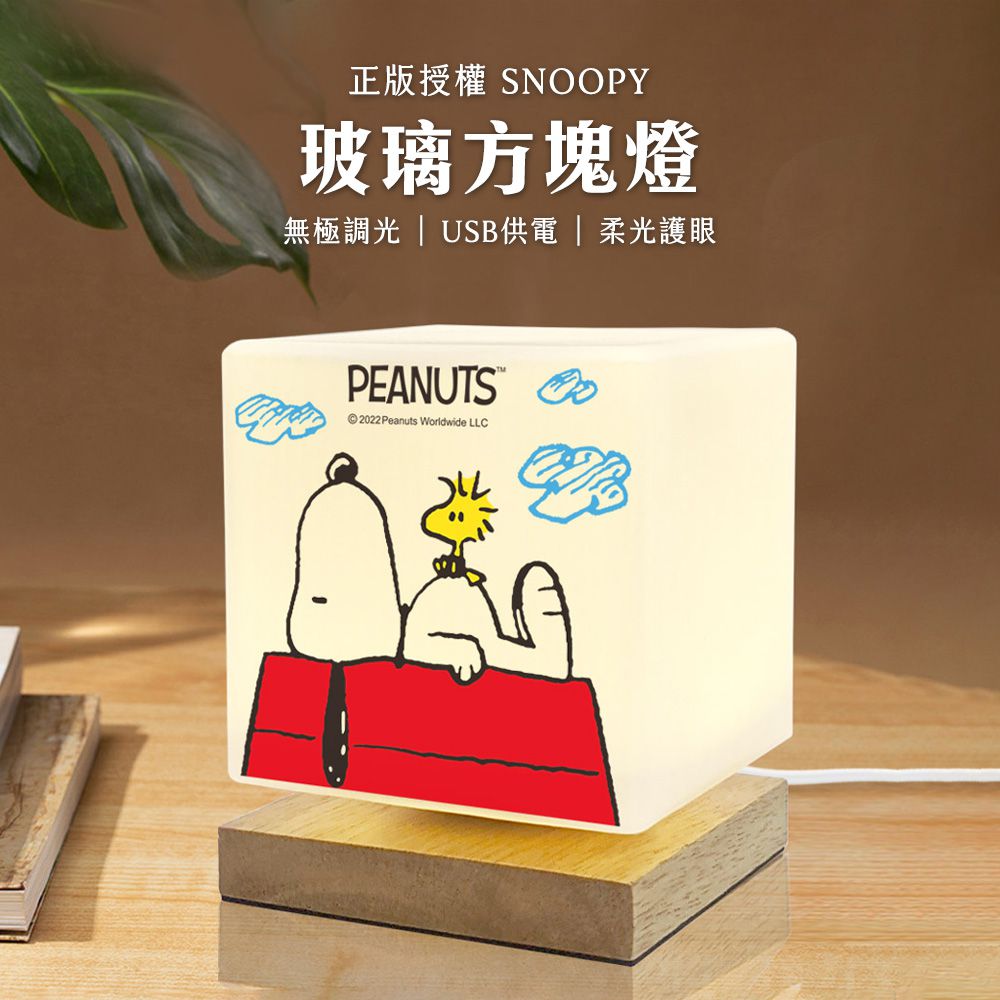 SNOOPY 柔光玻璃方塊LED夜燈/檯燈/情境燈/桌燈-經典紅屋