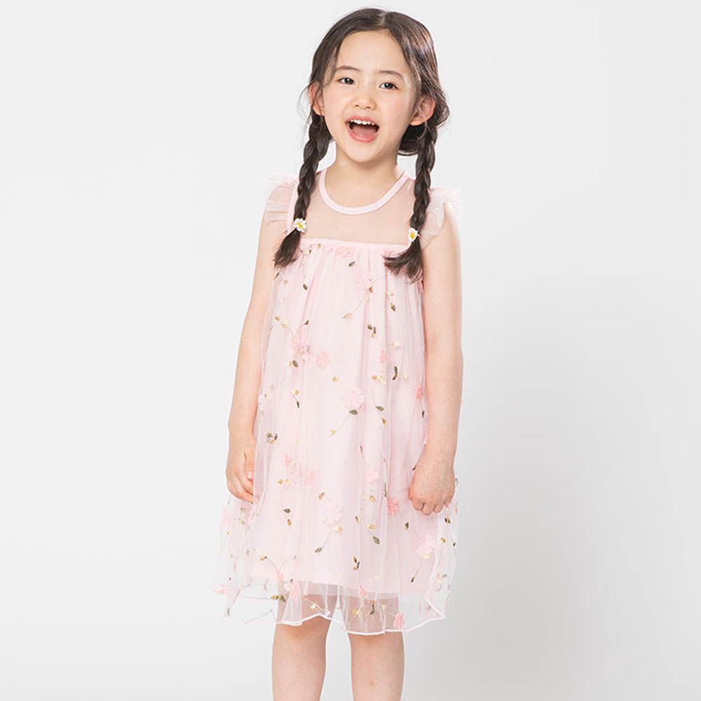 刺繡花仙子微透網紗裝飾無袖洋裝-粉