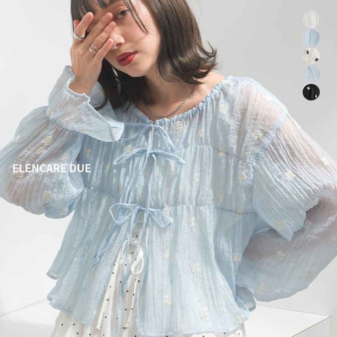 日本 ELENCARE DUE - 前後2way輕盈透膚綁帶開襟衫-小花-水藍