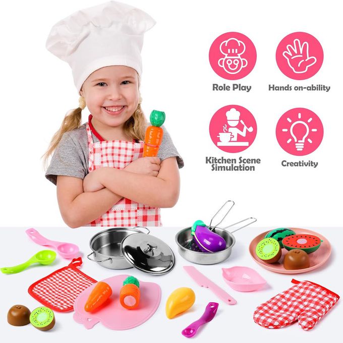 CuteStone - 兒童廚房玩具不鏽鋼遊戲鍋與廚房用具27件組合