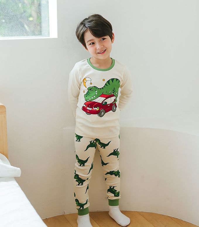 正韓 Puco - 超優質嬰幼兒/兒童長袖100% 有機純棉家居服/睡衣-恐龍與車