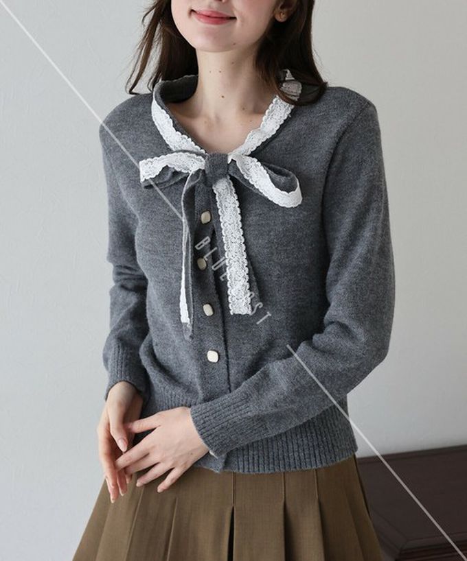 日本 BLUE EAST - 少女爛漫蕾絲蝴蝶結開襟衫-黑