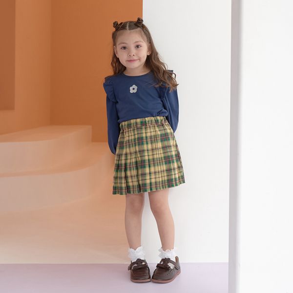 日本 Lycee mine - 學院風百摺格子裙-黃綠系