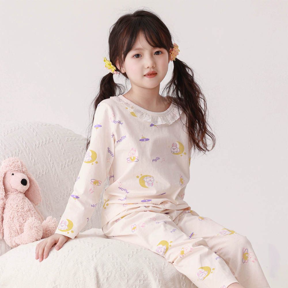 純棉花邊領長袖家居服套裝/空調服-月亮兔-米白