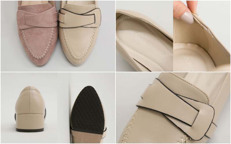 韓國 PINKELEPHANT - 毛邊縫紋路低跟包鞋(3.5cm)-杏