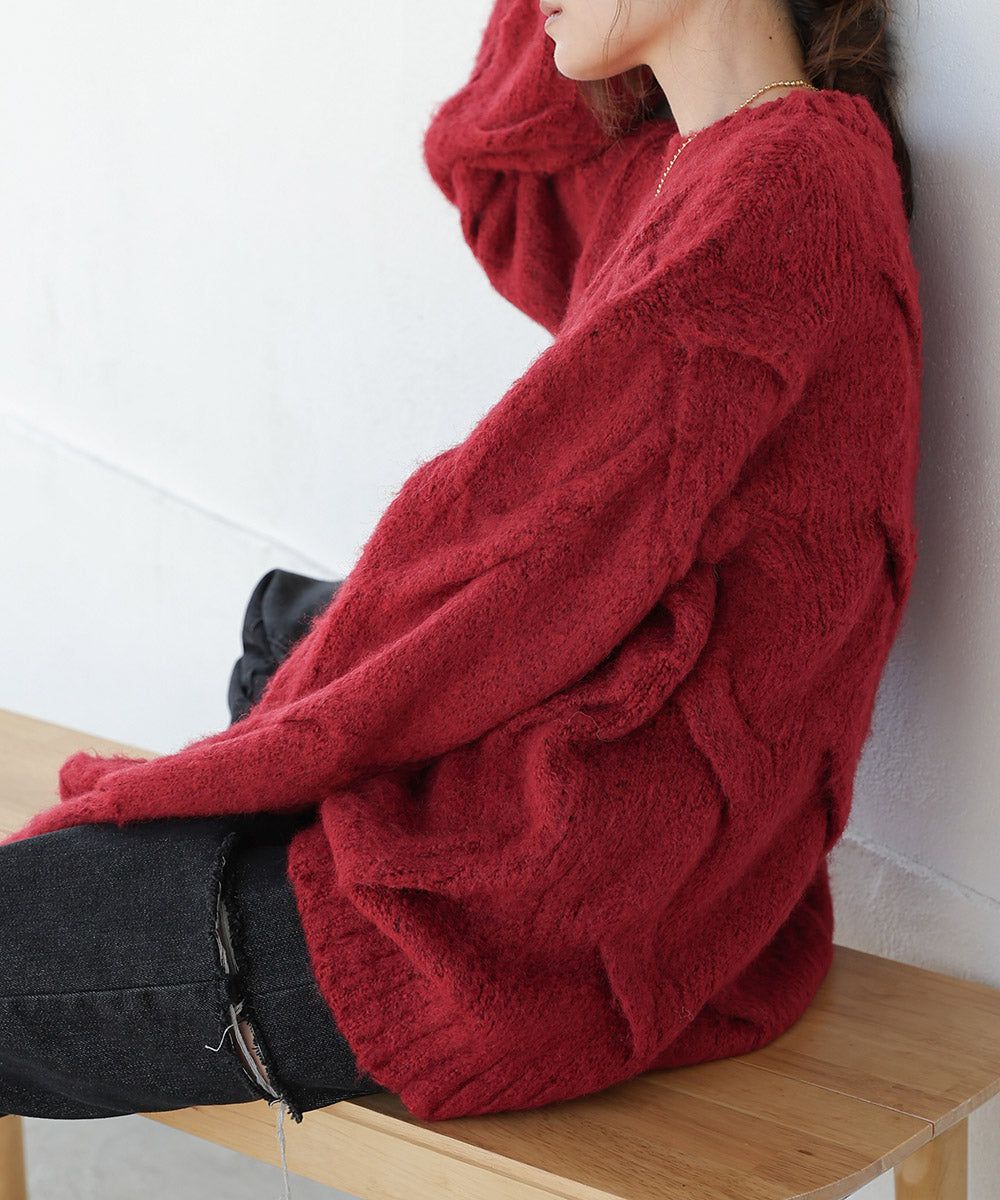 日本 Bab - 季節感立體麻花大寬袖針織上衣-深灰