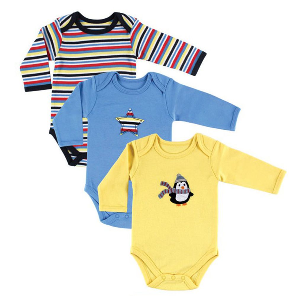 美國 Luvable Friends - 甜蜜寶貝嬰幼兒100%純棉長袖包屁衣3件組-調皮企鵝