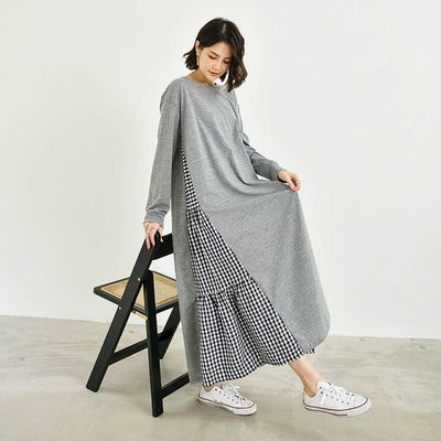 Yukié - 氣質顯瘦A字長袖長洋裝-側拼接格子-灰色