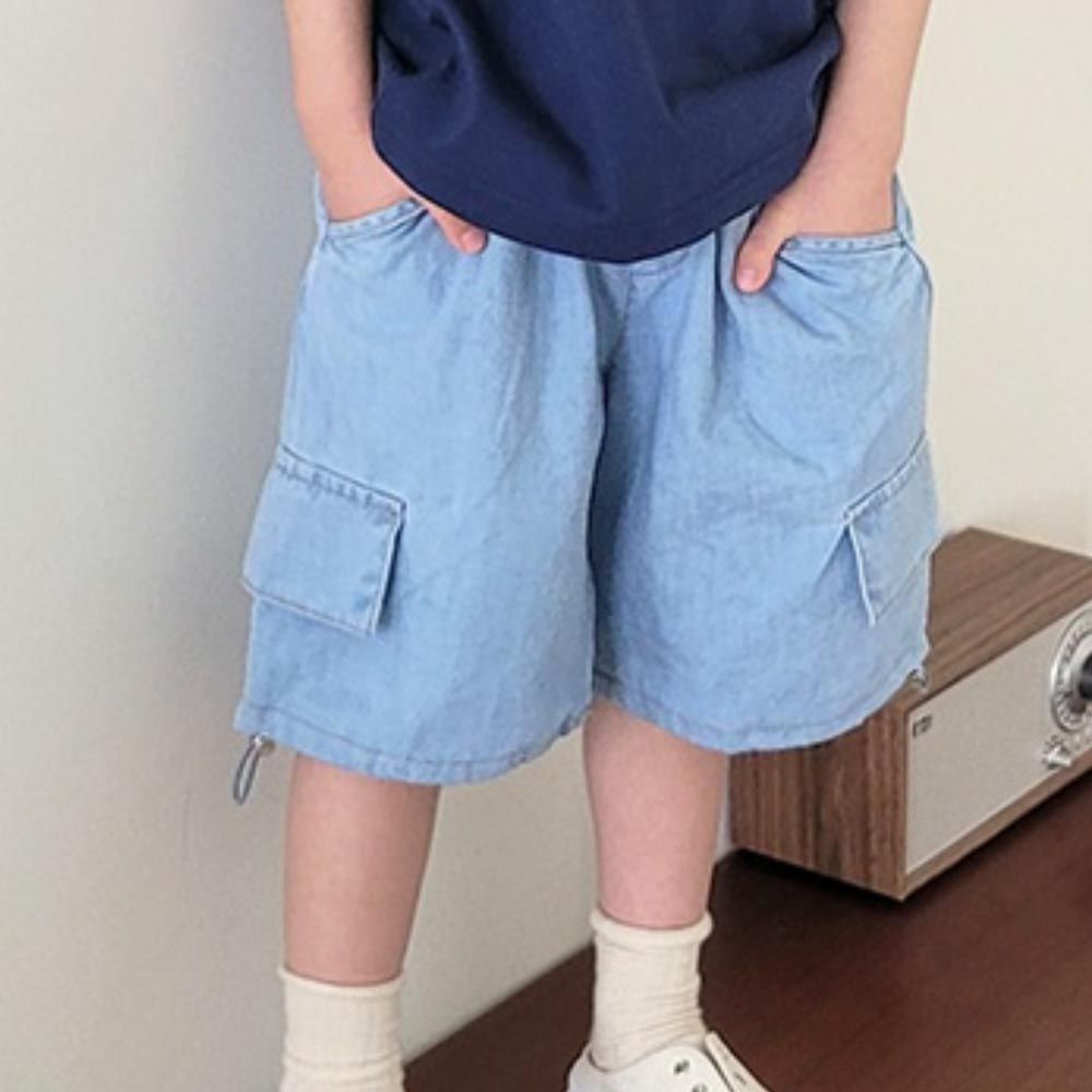 韓國 Peanuts House - 鬆緊腰裝飾口袋短褲-淺藍