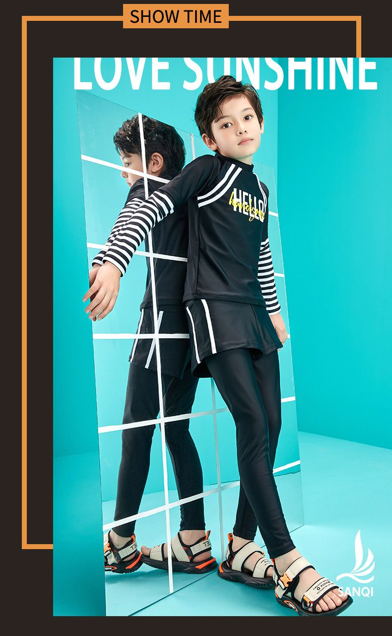 男寶運動風長袖泳衣套裝-HELLO-黑色