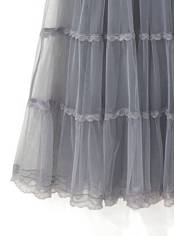 日本 GRL - 柔美層次蕾絲滾邊紗裙-灰藍
