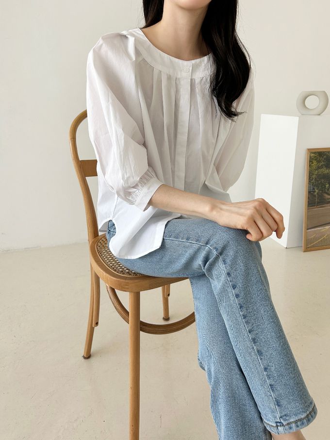 韓國女裝連線 - 氣質抓褶圓領七分袖襯衫-白 (FREE)