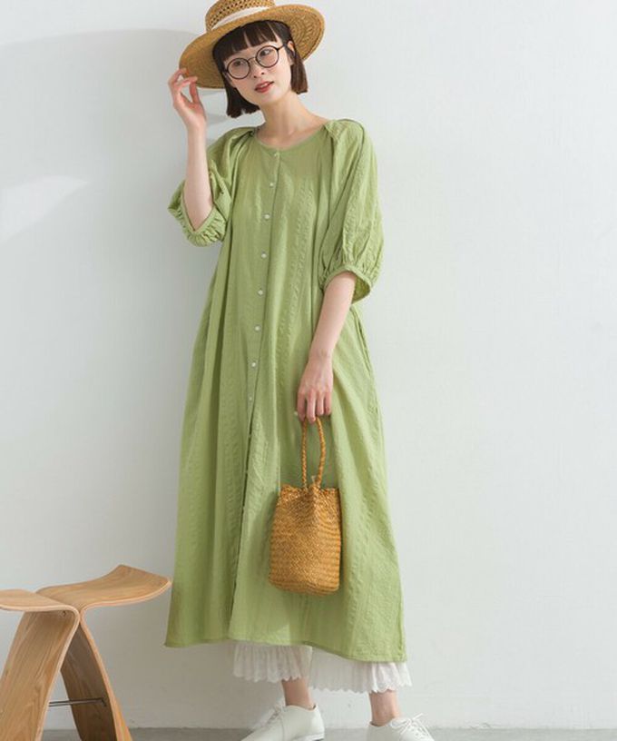 日本 Lupilien - 前後2way 印度棉泡泡袖輕盈洋裝-淺軍綠