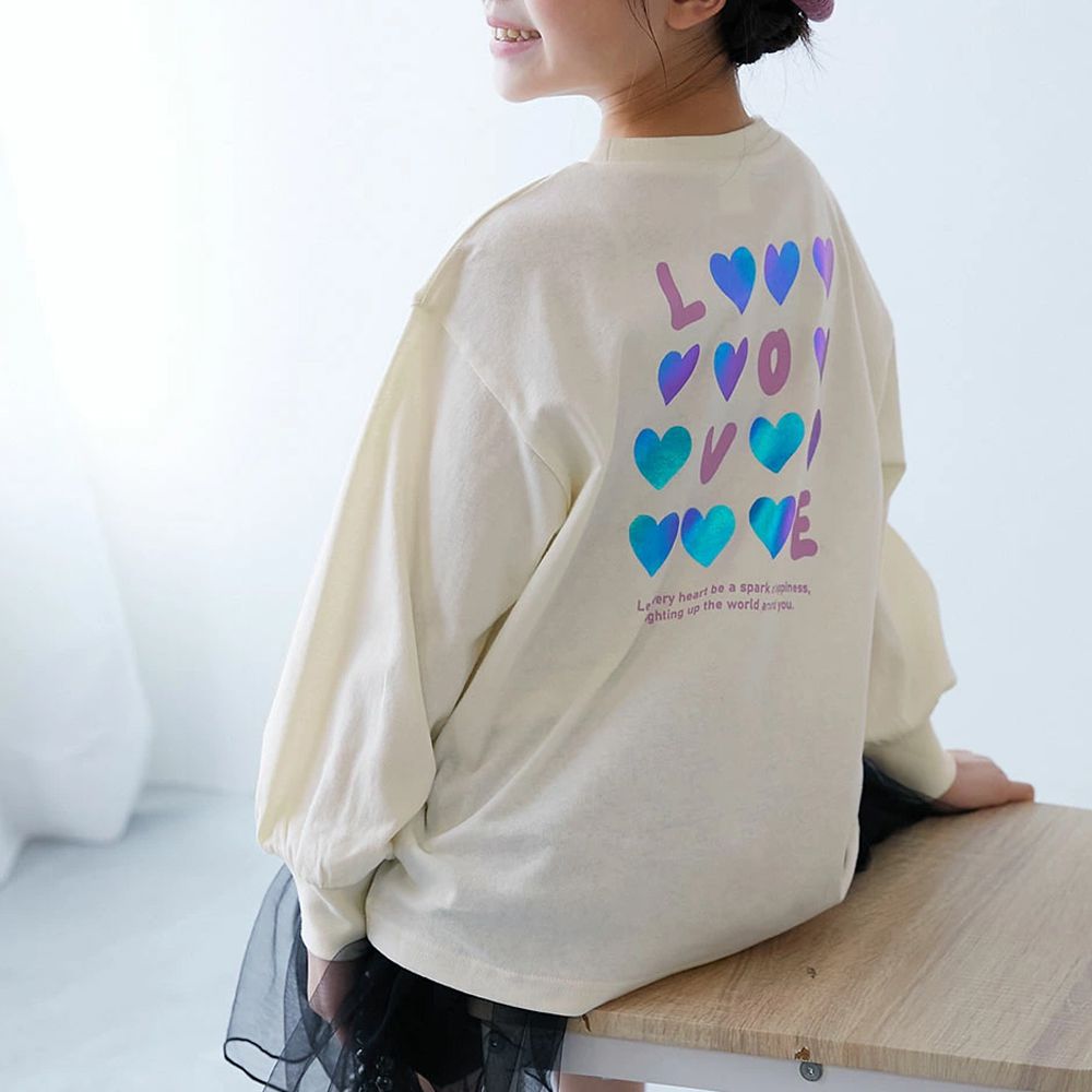 100%棉 閃亮金屬印花長袖上衣-LOVE愛心-白