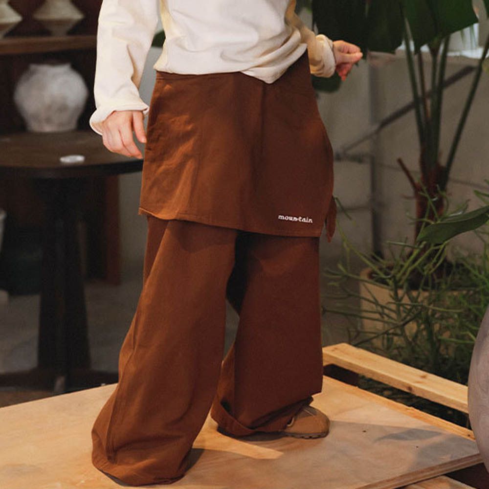 假兩件工裝直筒長褲-紅棕色