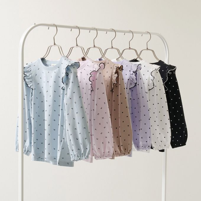 日本 Lycee mine - 100%棉 浪漫荷葉肩滿版印花長袖上衣-點點-黑