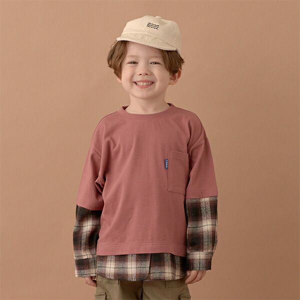 日本 b-ROOM - 假二件寬版大口袋長袖上衣-海軍藍x灰格紋