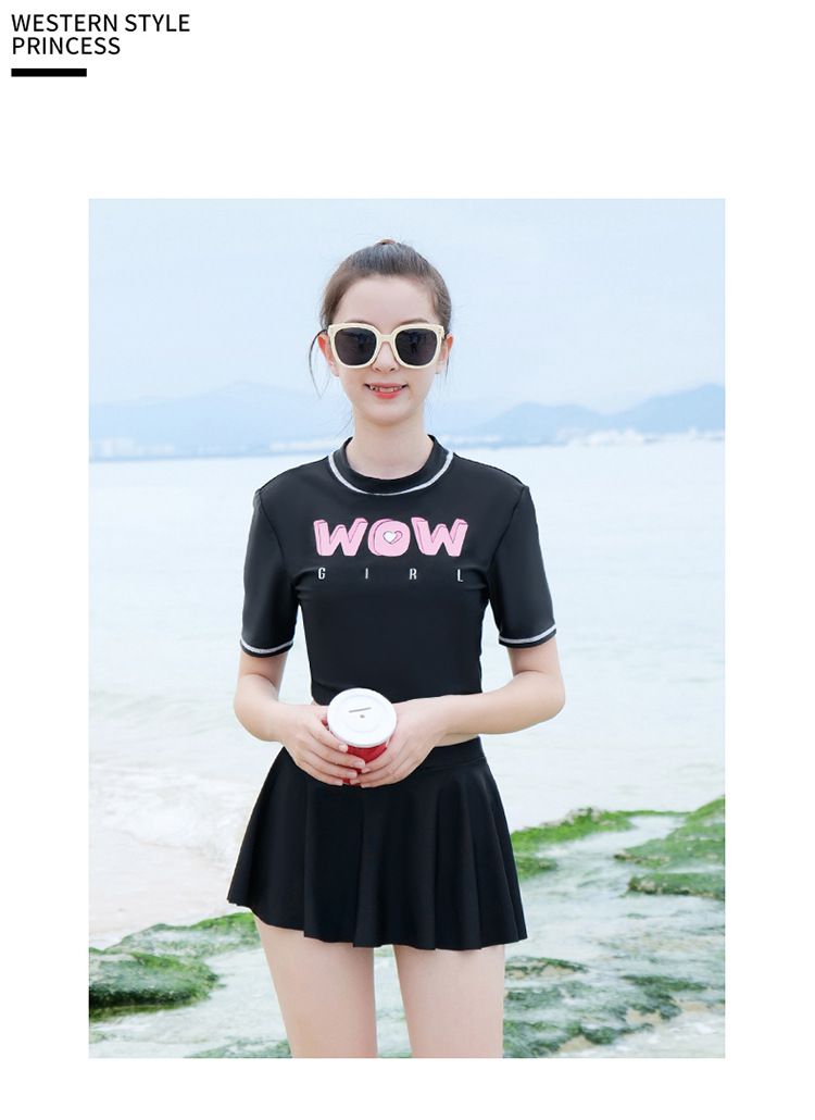 大童女孩運動風短袖泳衣套裝 (二件組)-WOW-黑色-上衣+褲裙