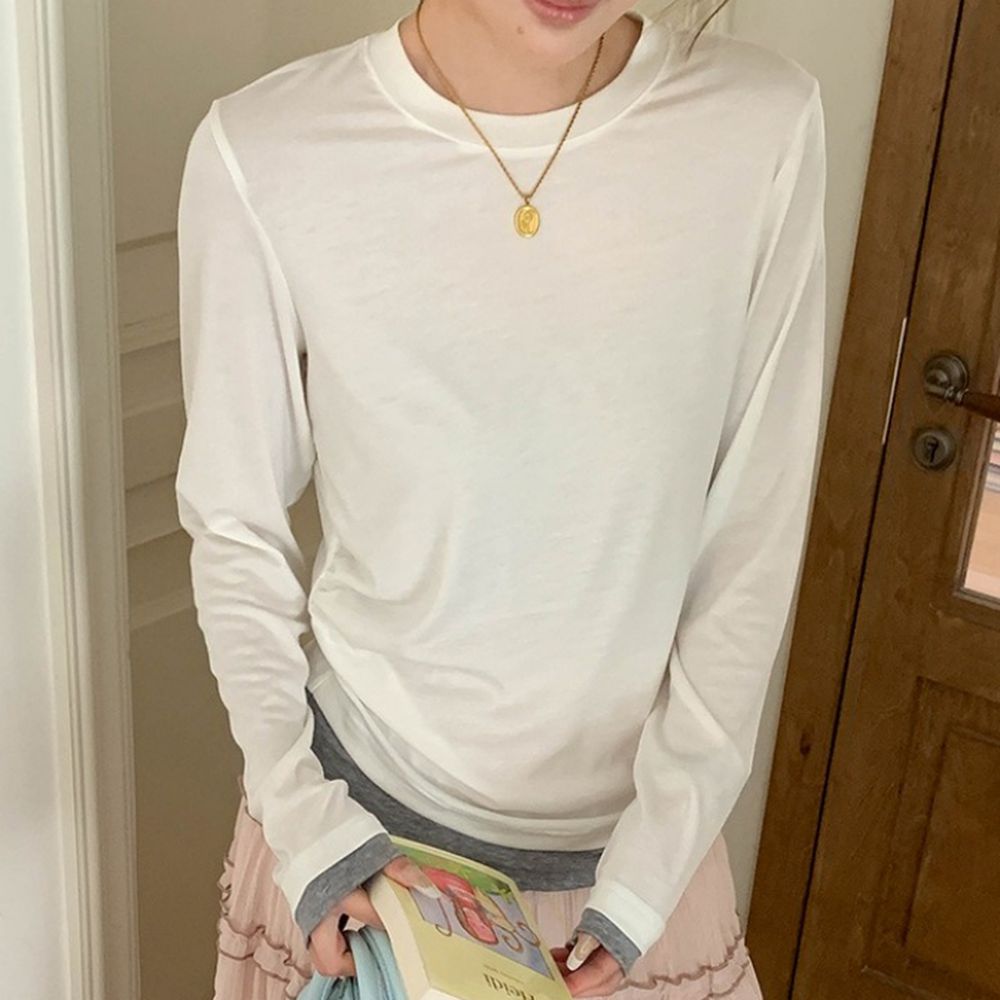 親膚彈力抓褶感假兩件長袖上衣-白 (F)