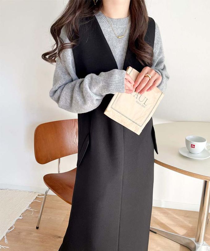 日本 Classical Elf - 簡約深V領氣質線條背心裙-炭灰